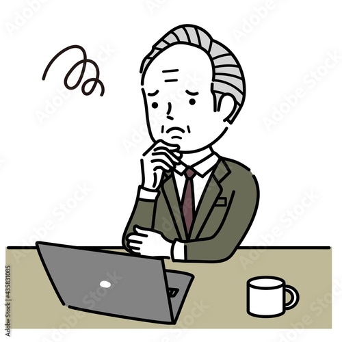 ノートパソコンで仕事中の困る姿のシニア男性イラスト素材 Poster Michi