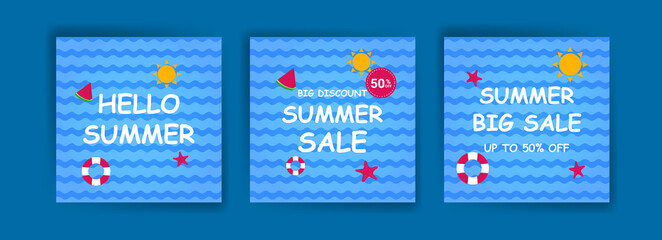 First day of summer. Hello summer. Summer sale. Banners vector for social media ads, web ads, business messages, discount flyers and big sale banner.