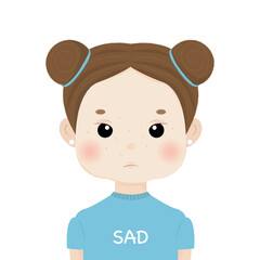 Vector illustration of sad girl. Cute cartoon young woman with two buns and sorrow face.