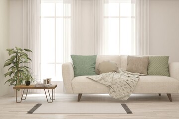 Soft color living room with sofa. Scandinavian interior design. 3D illustration