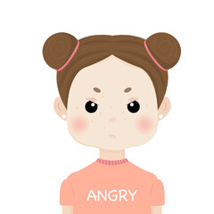 Vector illustration of angry girl.  Cute cartoon young woman with two buns and grumpy sad face.