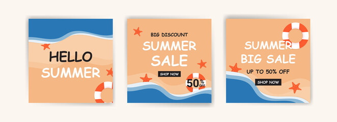 First day of summer. Hello summer. Summer sale. Banners vector for social media ads, web ads, business messages, discount flyers and big sale banner.