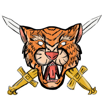 Angry tiger head with swords design for t shirts. Vector illustration EPS10