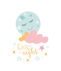 Kids poster moon, stars, cloud.Kids print art.Kids wallpaper.Good night, little star.Vector illustration in pink, blue, yellow colors.Design for children's clothing, bed linen,postcards,for child room