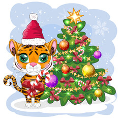 Cartoon tiger wearing a santa hat with candy cane near the christmas tree. Children's style, sweetheart. Symbol of the year 2022