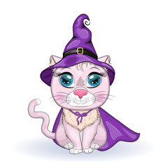 Cartoon cat wearing a purple witch hat and cloak. Halloween