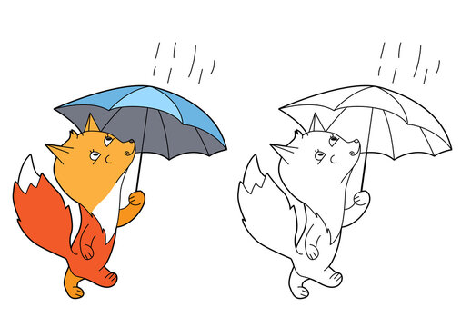 Small cute fox walking with umbrella. Illustration with pretty animal on white background. Picture can be used for coloring books for children
