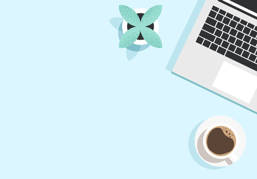Workplace, workspace, desktop. Top view of the working table with a laptop keyboard, coffee cup, flower pot. Computer from above on an empty desk. Modern minimalist isolated flat vector illustration