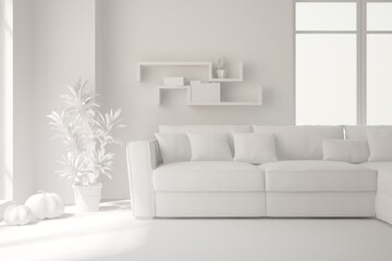 Mock up of minimalist living room in white color with sofa. Scandinavian interior design. 3D illustration