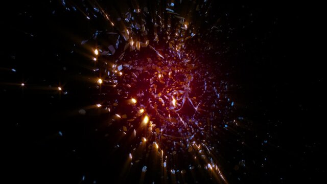 Abstract background cgi animation shiny fiery debris scattering in space