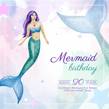Hand painted watercolor mermaid birthday invitation