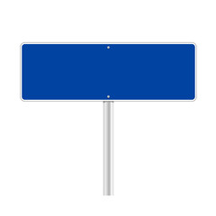 Road blue traffic sign. Mockup - blank board with place for text, information and direction. Vector illustration isolated on white background.