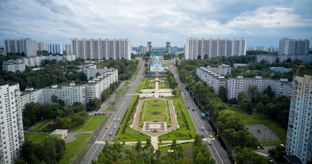 Aerial of Russian Orthodox church in residential district