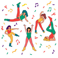 Set with girls doing aerobic. Trendy 80s years sport outfit. Old fashion sport clothes. Hand drawn vector illustration. Workout, fitness.  Background with note symbols. All elements are isolated