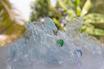 A Pile of PET plastic bottle or used plastic bottles.