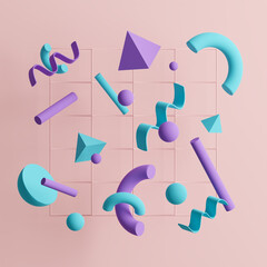 3D illustration of purple and turquoise shapes on a beige background.