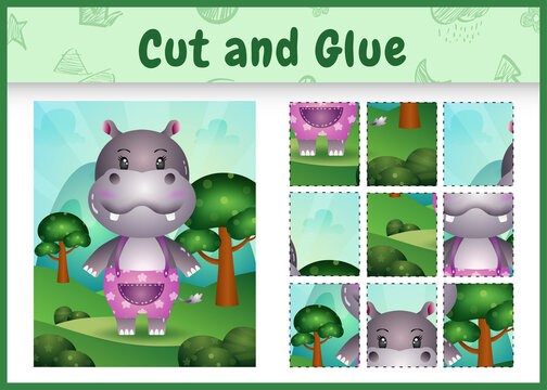 Children board game cut and glue with a cute hippo using pants