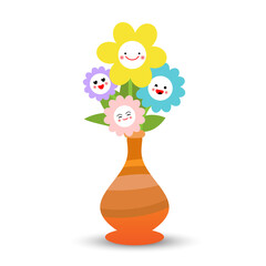 Cute smiling flower in pot on white background