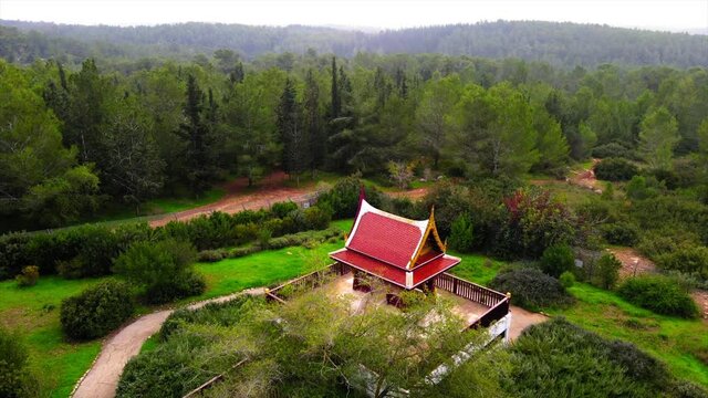 Aerial Shot Of Pagoda Structure In Ben Shemen Forest, Drone Flying Forward Famous Landscape