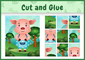 Children board game cut and glue with a cute pig using pants