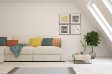 Soft color living room with sofa. Scandinavian interior design. 3D illustration