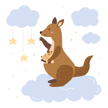 Mother kangaroo with her baby kangaroo on clouds. Cute cartoon animals character. Hand drawn doodle stars. Vector illustration for nursery poster, baby shower and greeting card.