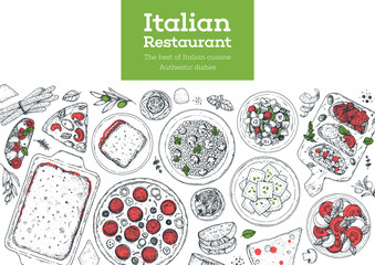 Italian Cuisine Menu. Top view. Sketch illustration. Italian food. Design template. Hand drawn vector illustration. Black and white. Engraved style. Pasta and pizza, antipasto. Authentic dishes. - obrazy, fototapety, plakaty