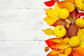 Colorful fall leaves with decorative pumpkins on white wooden boards