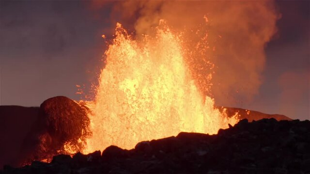 Powerful volcanic eruption at dusk slow motion Iceland 2021