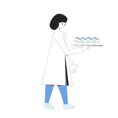 Doctor,medic. Female character wearing in uniform standing with vaccines isolated on a white background. Medical staff. Nurse. Vector line art illustration.