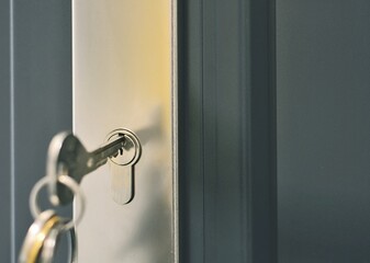 Closeup of a key with a ring inserted in a door lock of the grey door. Unlocking the security lock.