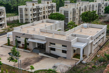 Close view of single floor building looking awesome with greenery plantation - 435836038