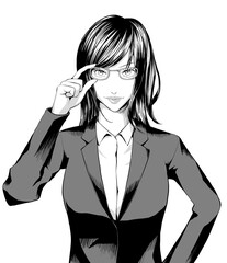 漫画風_メガネを触るスーツのOL女_縦