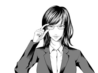 漫画風_メガネを触るスーツのOL女_横
