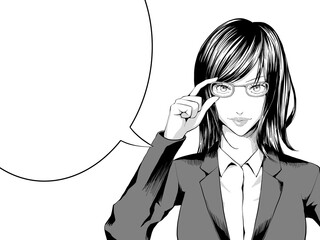 漫画風_メガネを触るスーツのOL女_横_吹き出し