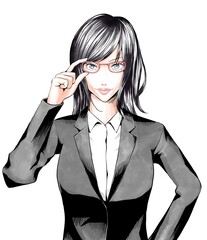 漫画風カラー_メガネを触るスーツのOL女_縦