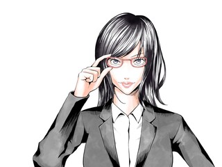 漫画風カラー_メガネを触るスーツのOL女_横
