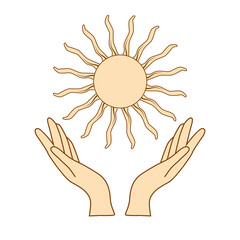 Mystical drawing: human hands hold the sun. Circle of a phase of the moon. Sacred geometry, card.