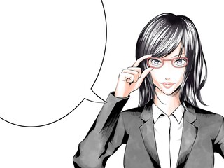 漫画風カラー_メガネを触るスーツのOL女_横_吹き出し