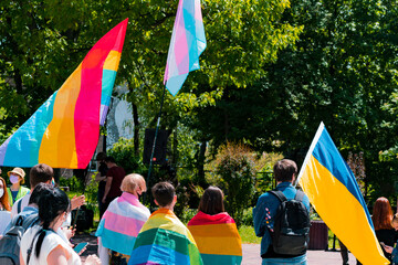 LGBT and transgender protest in Ukraine. Ukrainian flag. Transsexuality. Transexual. Movement. Strike. Right. Protest. Street. Outdoor. Rally