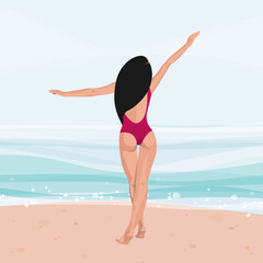 woman back in swimsuit on beach sand looking sea in Bikini. Enjoying Sexy Girl On Summer Vacation Vector Illustration