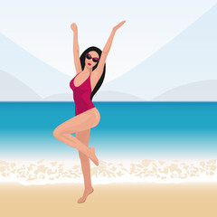 happy girl relaxing on the beach and jumping. Enjoying Sexy woman On Summer Sea Vacation Vector Illustration