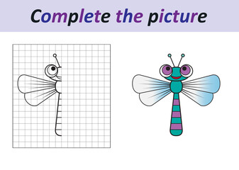 Complete the picture of a funny dragonfly. Copy the picture. Coloring book. Educational game for children. Cartoon vector illustration.