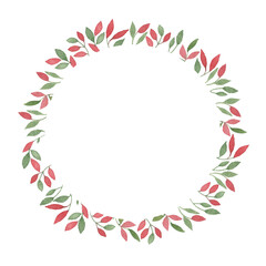 Hand painted Watercolor Wreath with red and green Branches. Botanical round frame. Illustration for design wedding invitations or background