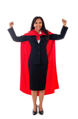 full length portrait of cheerful asian businesswoman dressed as superhero showing her fists,...