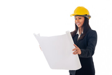portrait of asian engineer woman with helmet holding blueprints isolated white background with copy space