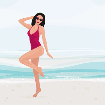 smiling girl relaxing on the beach and posing. Enjoying Sexy woman On Summer ocean Vacation Vector Illustration