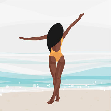 black woman back in swimsuit on beach sand look sea in Bikini. Enjoying Sexy Girl On Summer Vacation Vector Illustration