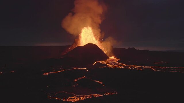 Scenic glowing eruption at dusk Iceland volcano 2021