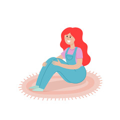 Vector illustration of summer picnic with woman sitting on blanket